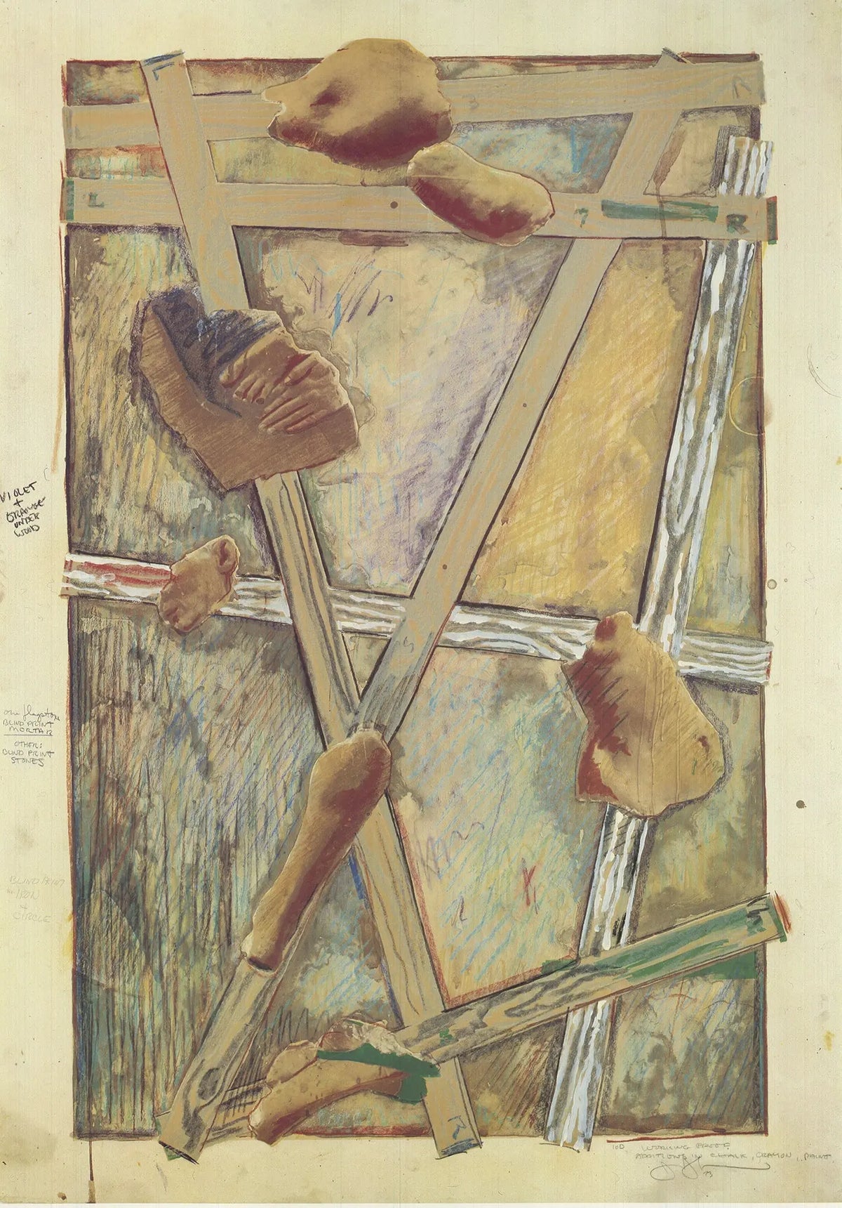 Jasper Johns signed Works in Progress 1980 offset lithograph exhibition poster featuring abstract artwork and bold text.