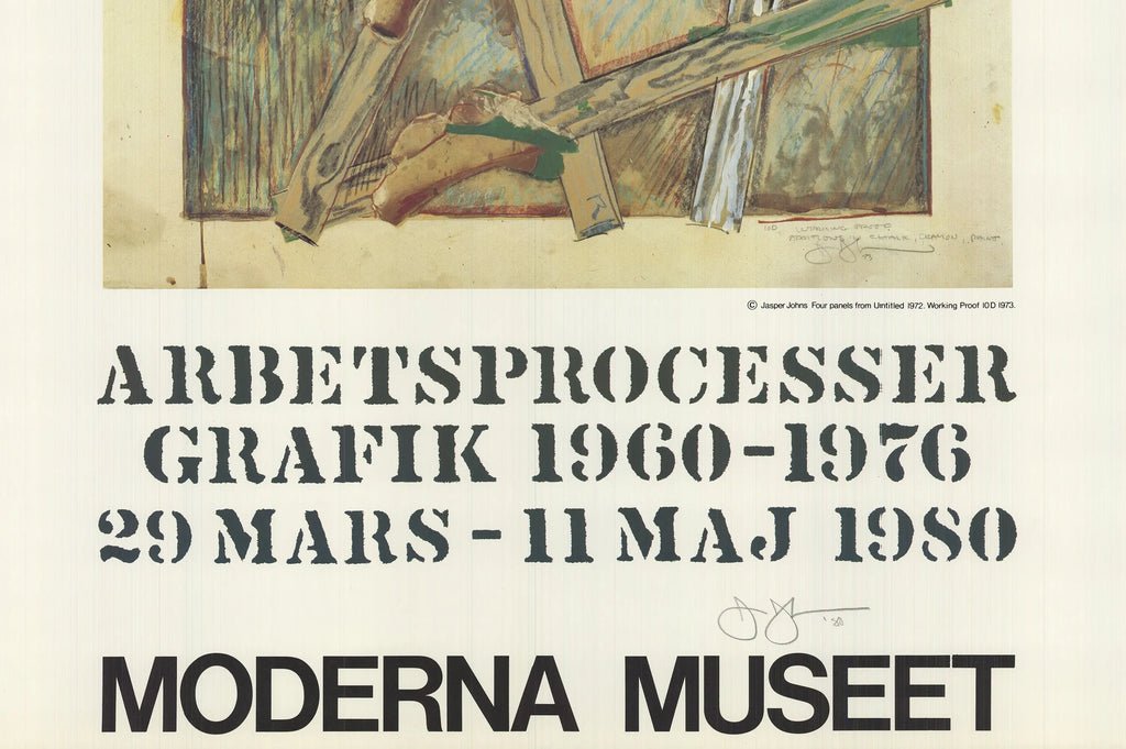 Jasper Johns signed Works in Progress 1980 offset lithograph exhibition poster showing abstract artwork and exhibition details.