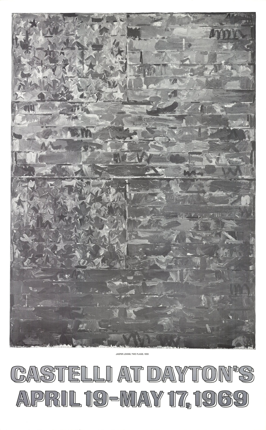 Jasper Johns Two Flags 1969 original exhibition offset lithograph poster featuring vibrant American flag artwork.
