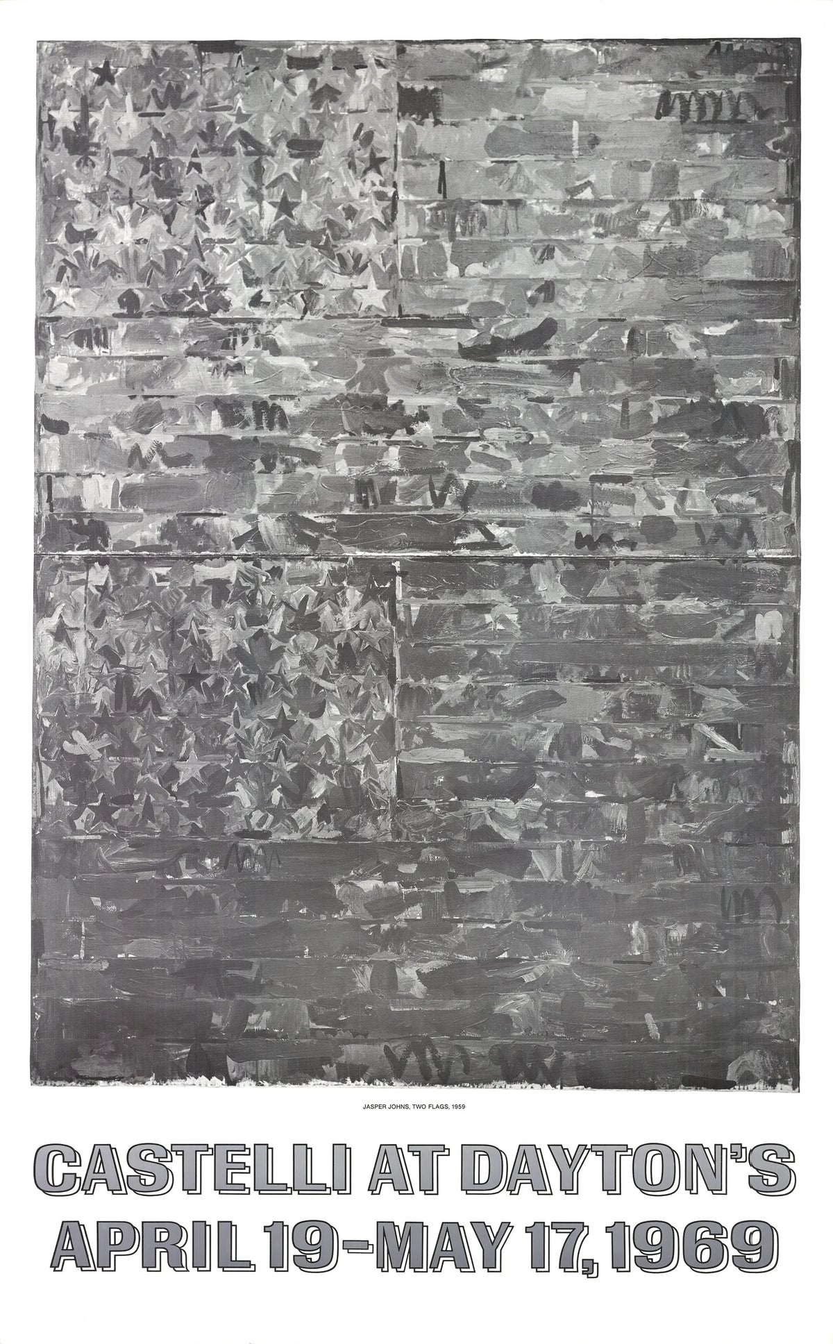 Jasper Johns Two Flags 1969 original exhibition offset lithograph poster featuring vibrant American flag artwork.