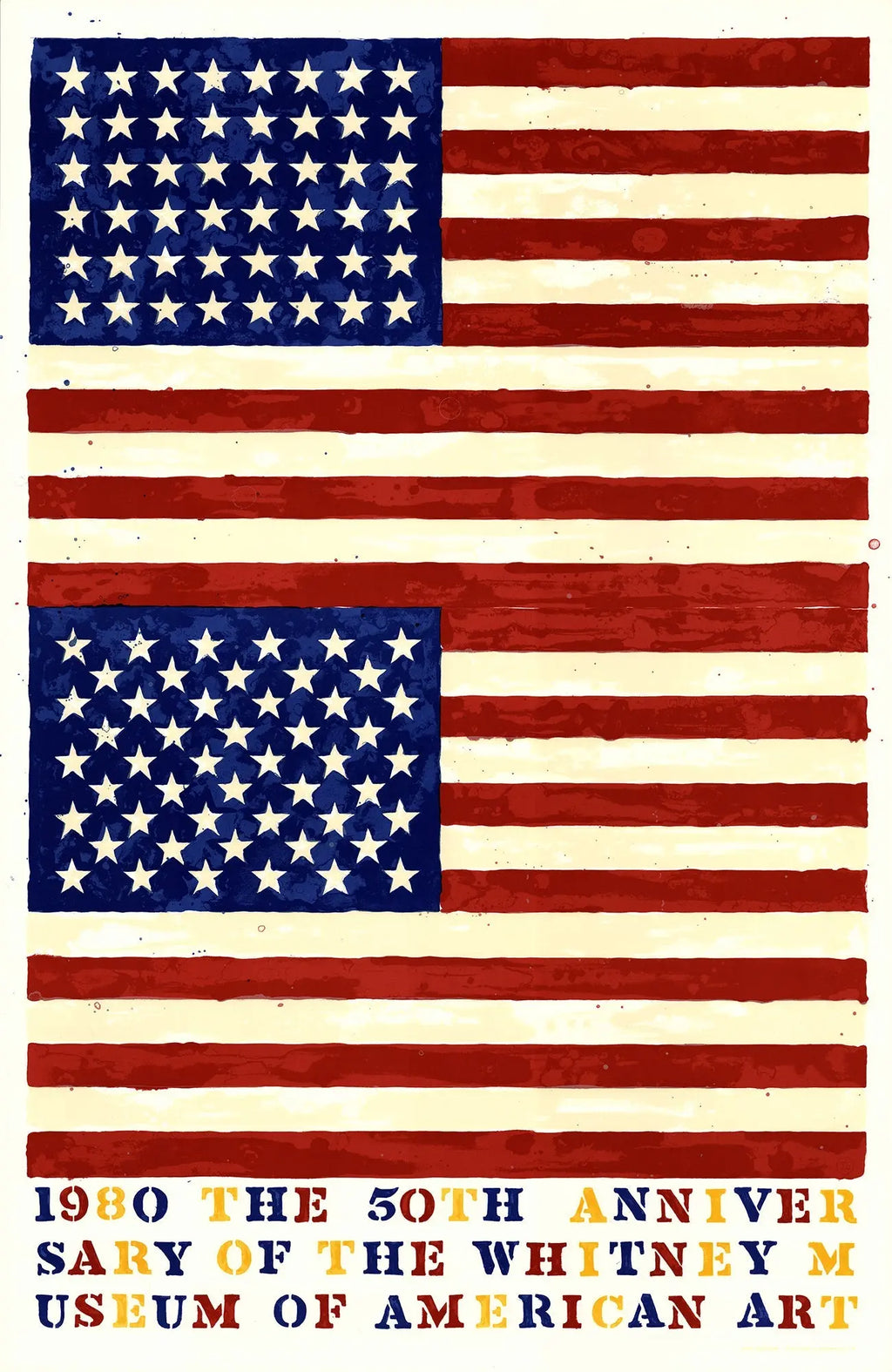 Jasper Johns Whitney Museum 50th Anniversary double flag lithograph poster hanging on a wall, featuring bold flag imagery and vibrant colors.