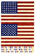 Jasper Johns Whitney Museum 50th Anniversary double flag lithograph poster hanging on a wall, featuring bold flag imagery and vibrant colors.