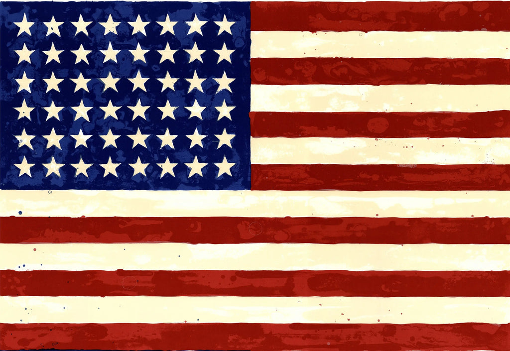 Jasper Johns Whitney Museum 50th Anniversary double flag lithograph poster featuring vibrant American flag artwork.