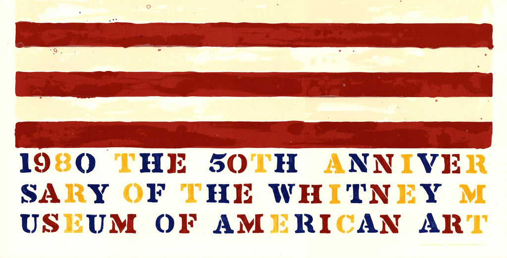 Jasper Johns Whitney Museum 50th Anniversary double flag lithograph poster featuring bold American flag designs in vibrant colors.