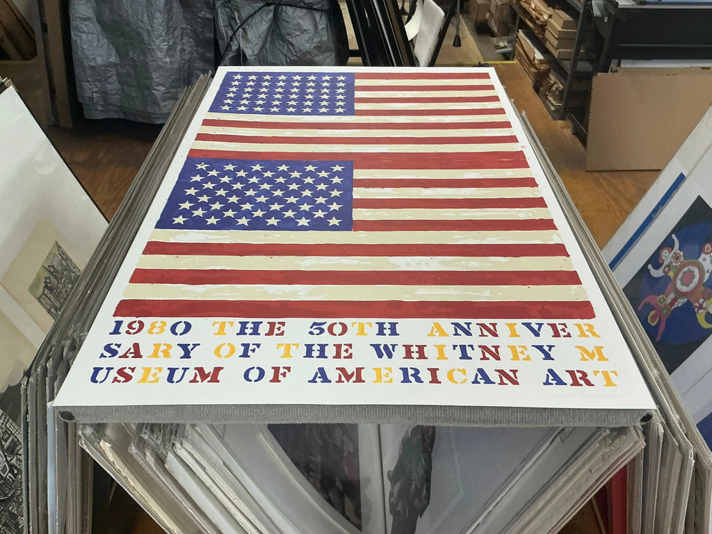 Jasper Johns Whitney Museum 50th Anniversary double flag lithograph poster, vibrant artwork on paper, celebrating the iconic artist.