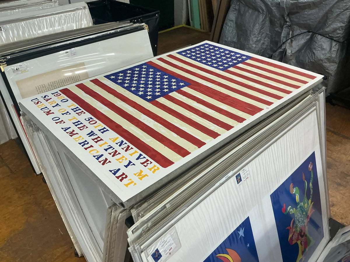 Jasper Johns Whitney Museum 50th Anniversary double flag lithograph poster featuring abstract American flag design.