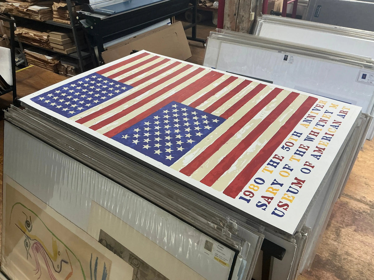 Jasper Johns Whitney Museum 50th Anniversary double flag lithograph poster featuring bold, colorful flag imagery and artistic design.