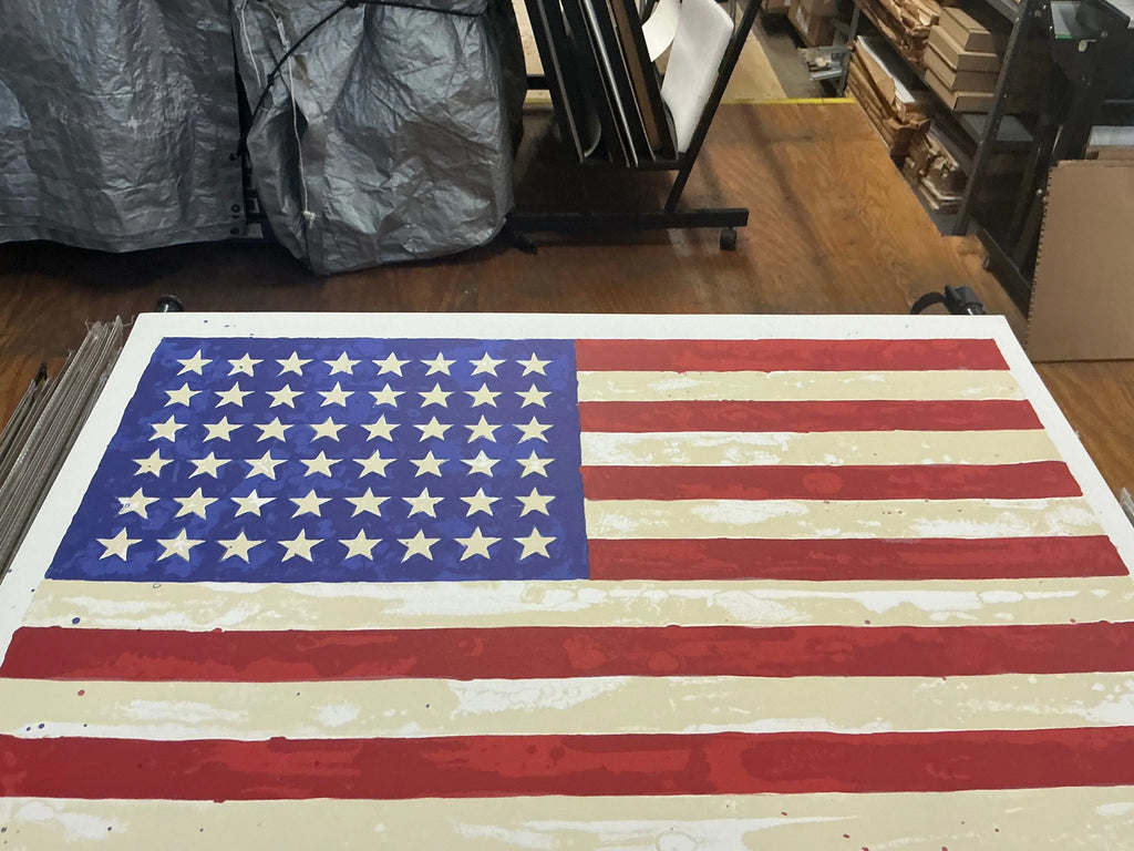 Jasper Johns Whitney Museum 50th Anniversary double flag lithograph poster showing vibrant American flag artwork on paper.