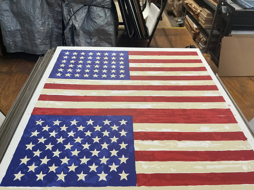 Jasper Johns Whitney Museum 50th Anniversary double flag lithograph poster featuring vibrant American flag design.