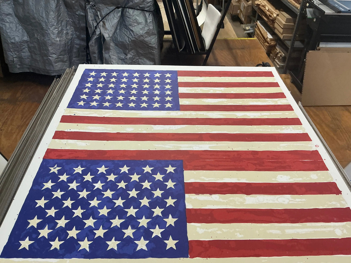 Jasper Johns Whitney Museum 50th Anniversary double flag lithograph poster featuring vibrant American flag design.