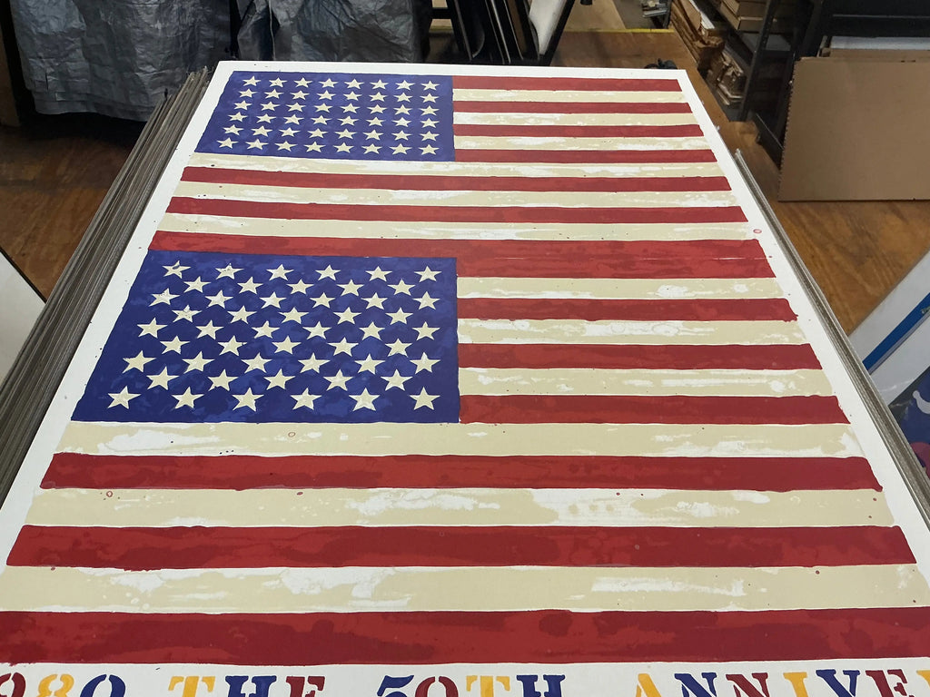 Jasper Johns Whitney Museum 50th Anniversary double flag lithograph poster showcasing vibrant flag artwork printed on high-quality paper
