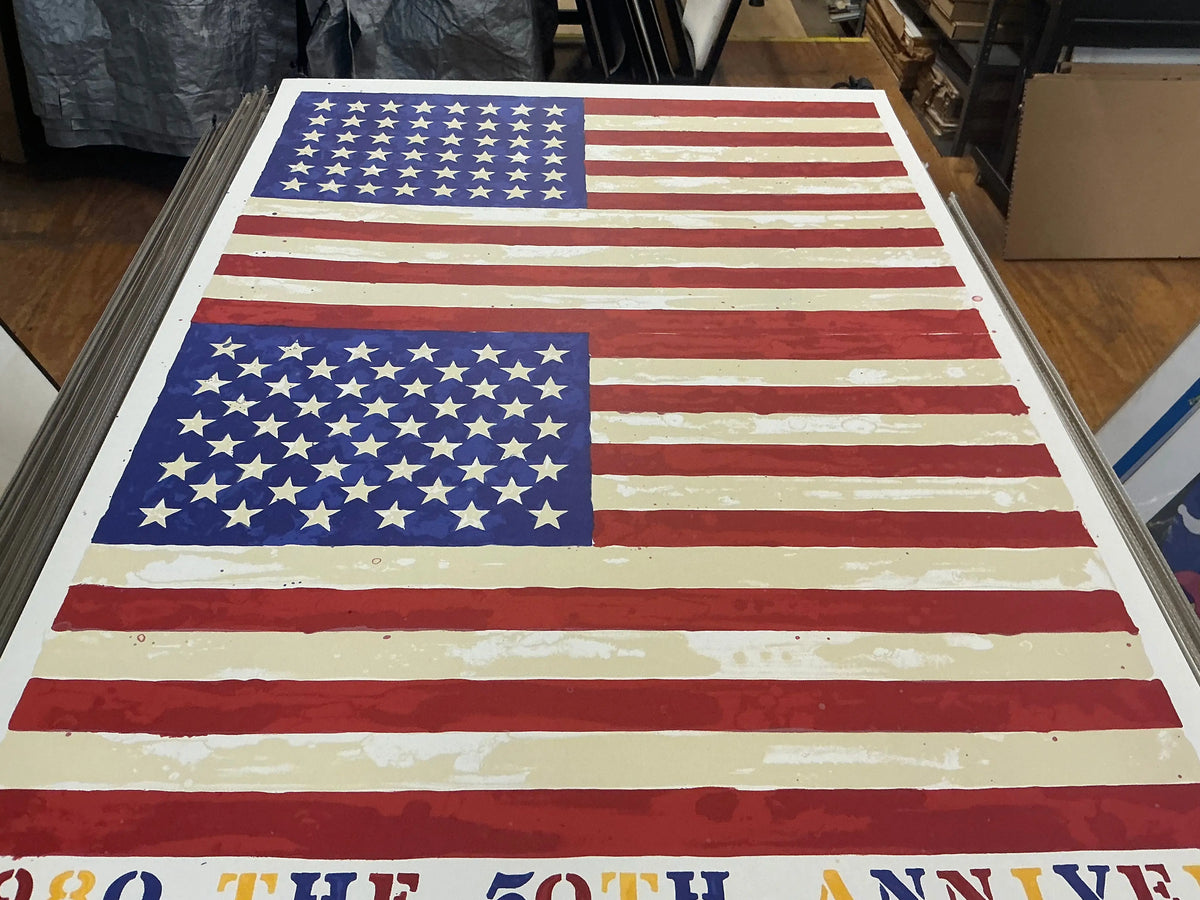 Jasper Johns Whitney Museum 50th Anniversary double flag lithograph poster showcasing vibrant flag artwork printed on high-quality paper