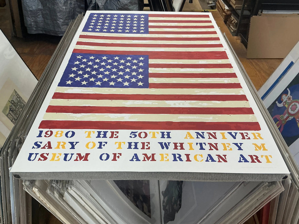 Jasper Johns Whitney Museum 50th Anniversary double flag lithograph poster featuring vibrant American flag artwork.