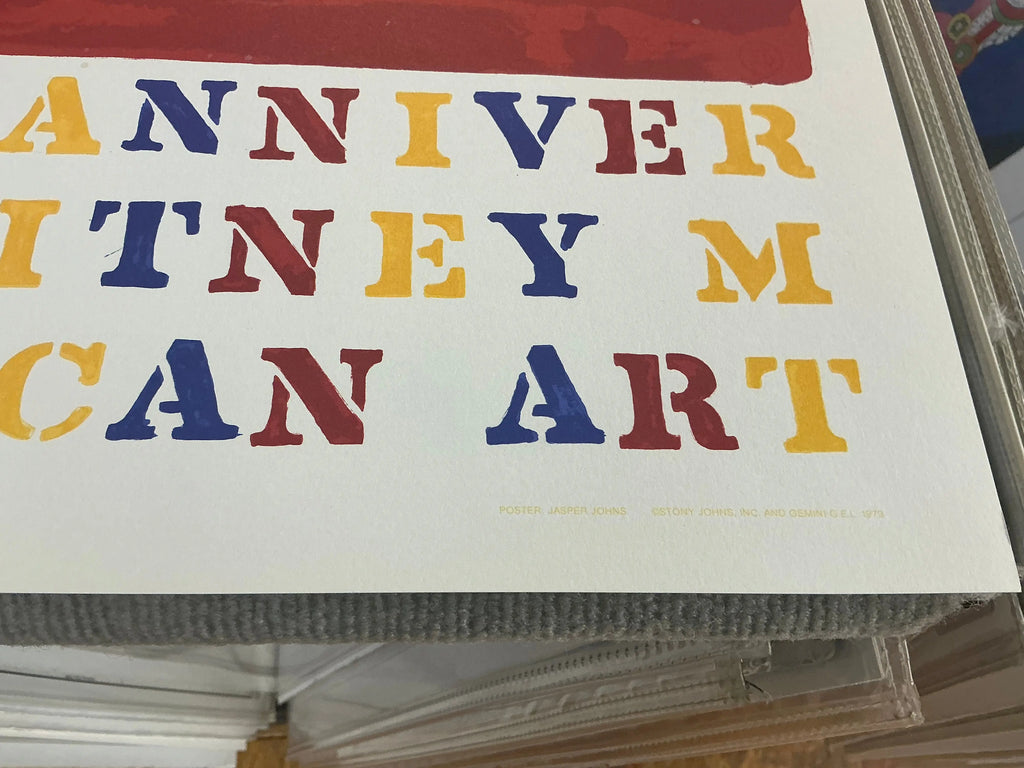 Jasper Johns Whitney Museum 50th Anniversary double flag lithograph poster featuring bold, graphic artwork by Jasper Johns.