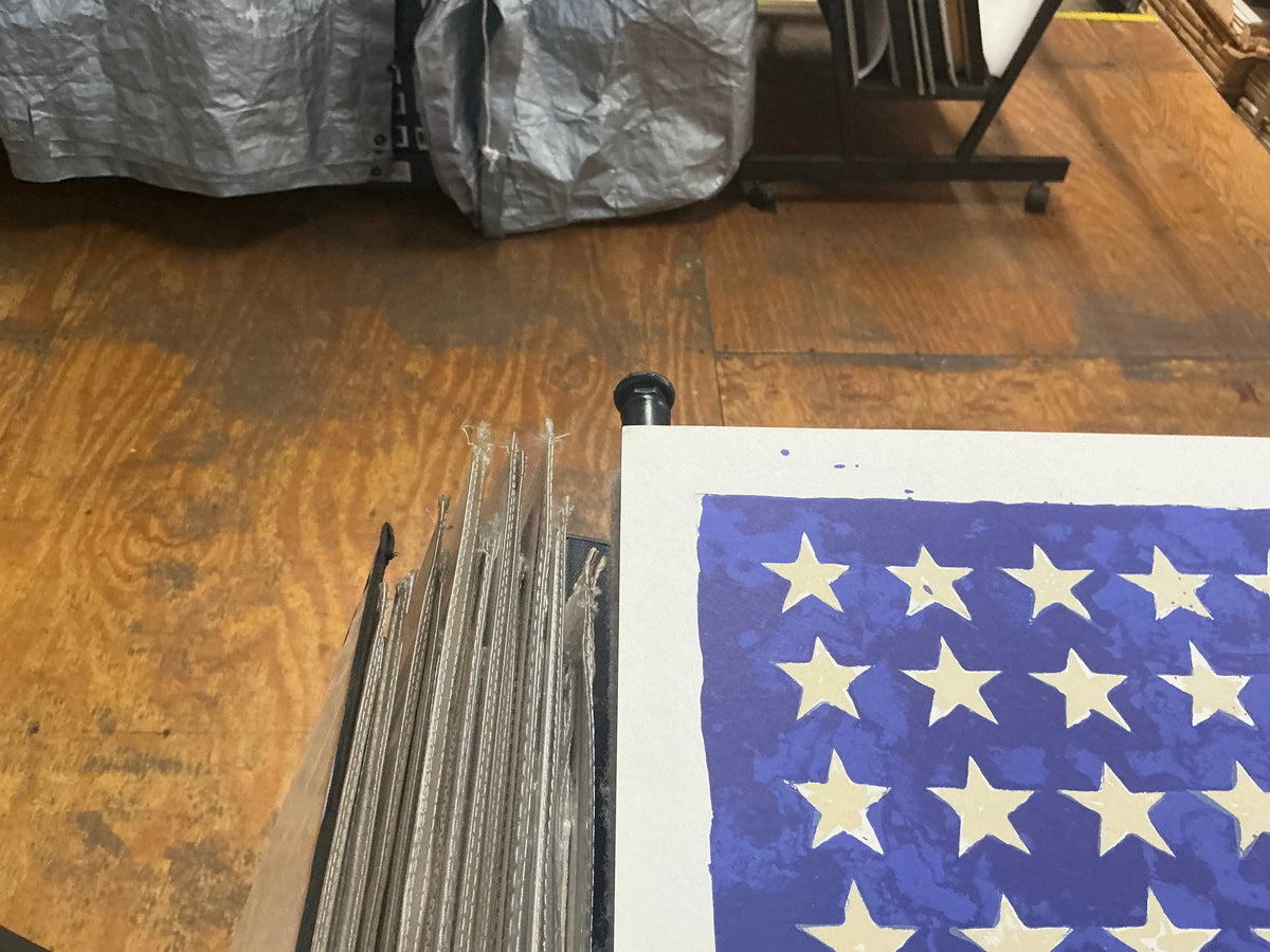 Jasper Johns Whitney Museum 50th Anniversary double flag lithograph poster, colorful artwork showcasing flags and bold design.