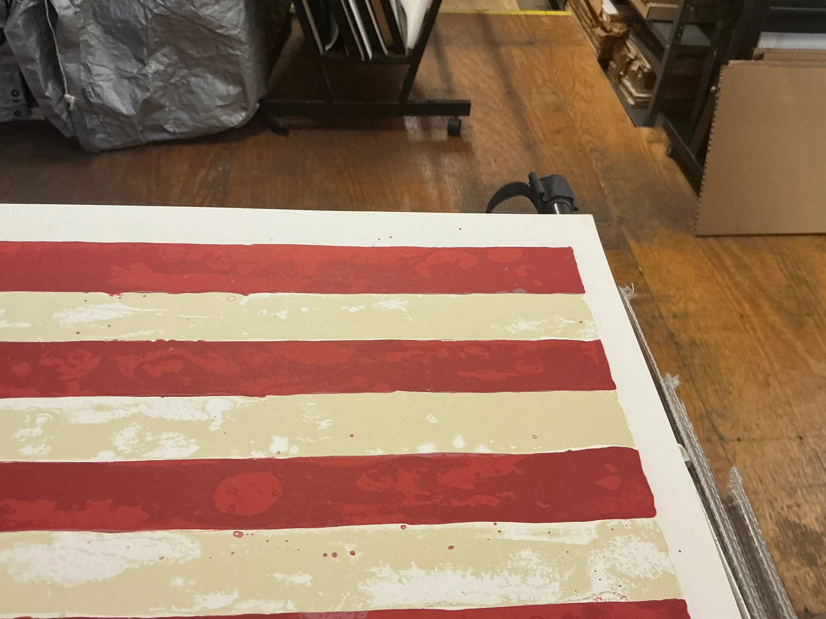 Jasper Johns Whitney Museum 50th Anniversary double flag lithograph poster featuring vibrant American flag artwork.