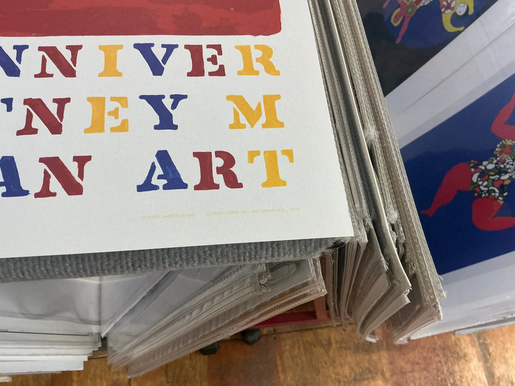 Jasper Johns Whitney Museum 50th Anniversary double flag lithograph poster featuring bold flag imagery and vibrant colors.