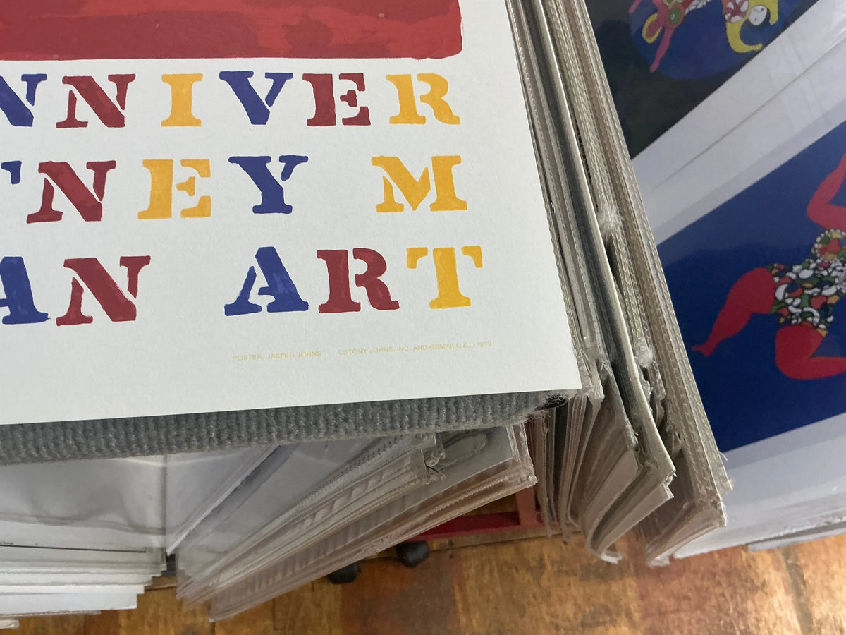 Jasper Johns Whitney Museum 50th Anniversary double flag lithograph poster featuring bold flag imagery and vibrant colors.