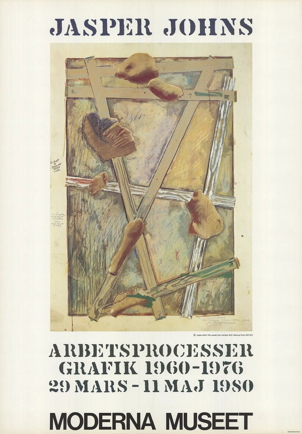 Vintage Jasper Johns Works in Progress 1980 exhibition poster lithograph, showcasing his abstract art style.