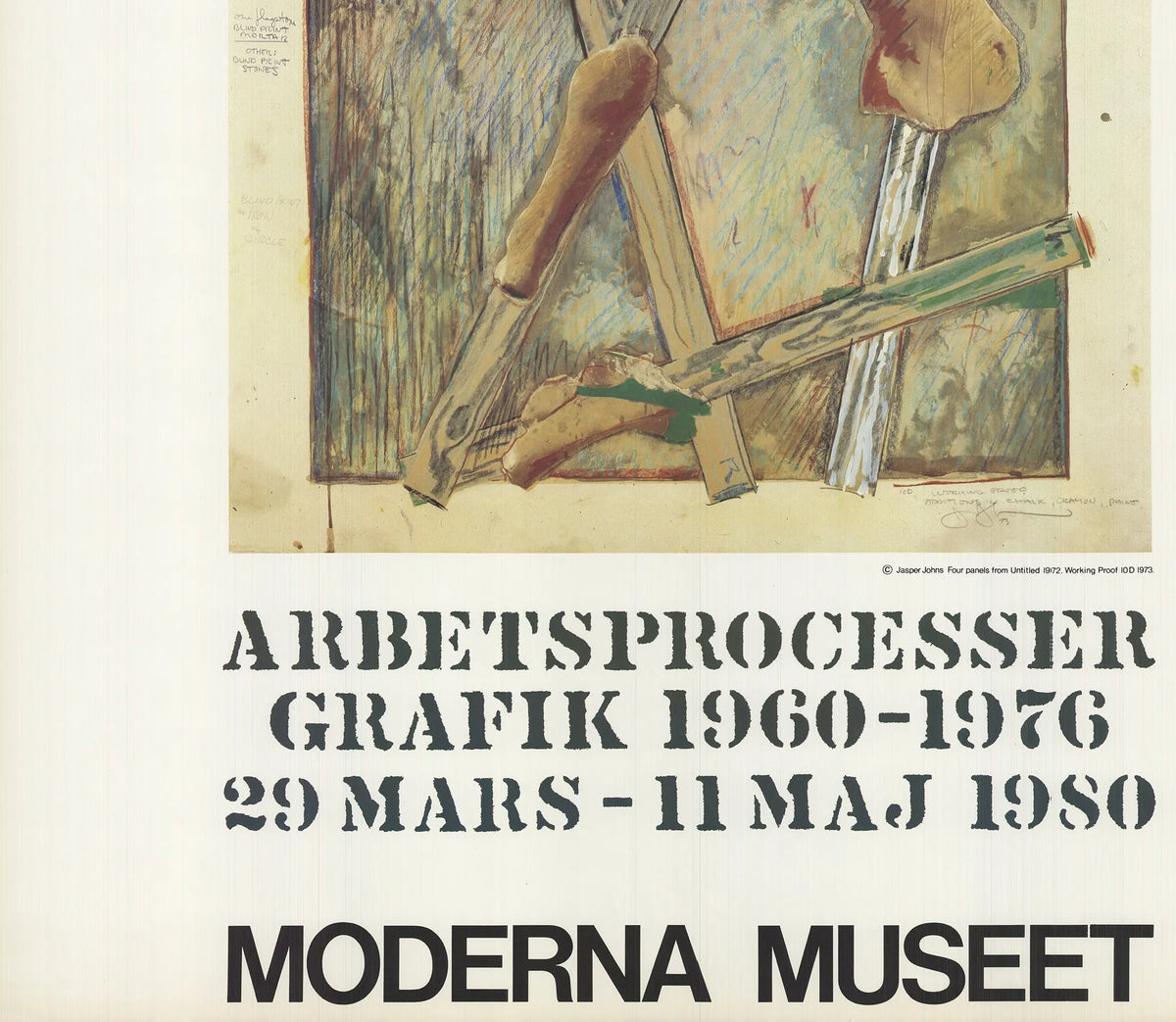 Vintage Jasper Johns Works in Progress 1980 exhibition poster lithograph, showcasing artwork by renowned artist.