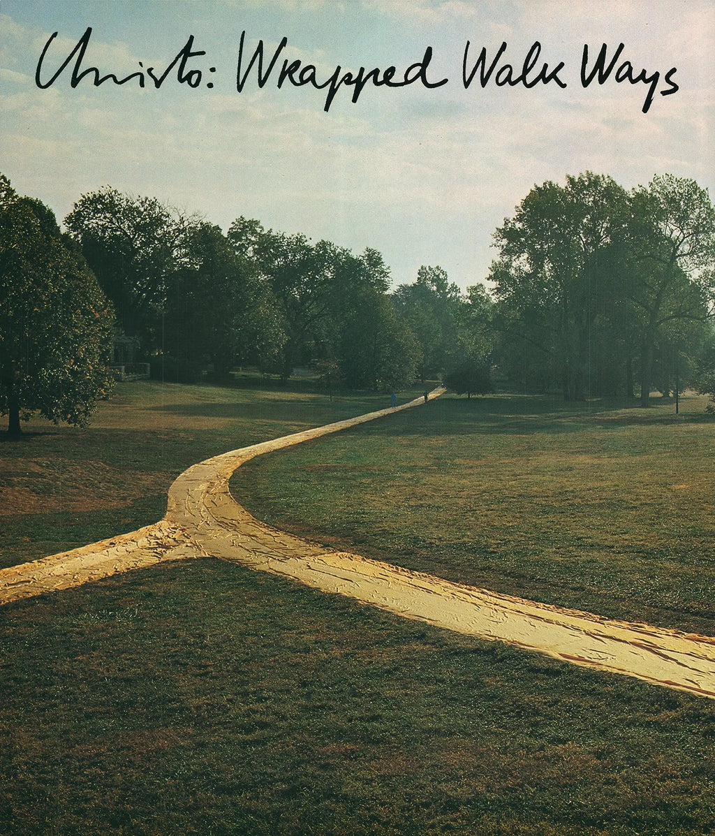 Christo signed lithograph poster of Wrapped Walk Ways 1979 from original exhibition, featuring vibrant abstract artwork.