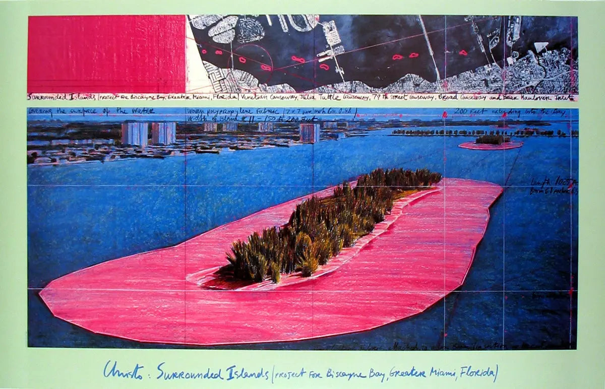 Christo Surrounded Islands 1983 original offset lithograph exhibition poster featuring colorful artwork by Javacheff Christo.