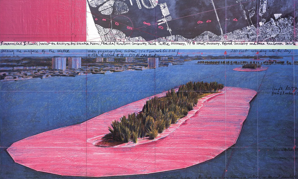 Original offset lithograph exhibition poster of Christo's Surrounded Islands 1983 by Javacheff Christo, featuring vibrant island artwork.