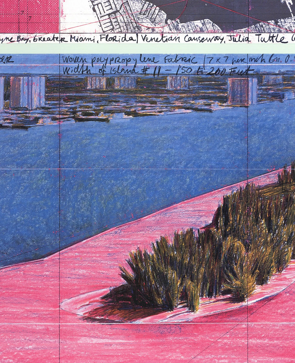 Original offset lithograph exhibition poster of Christo's Surrounded Islands 1983 by Javacheff Christo, featuring vibrant island artwork.