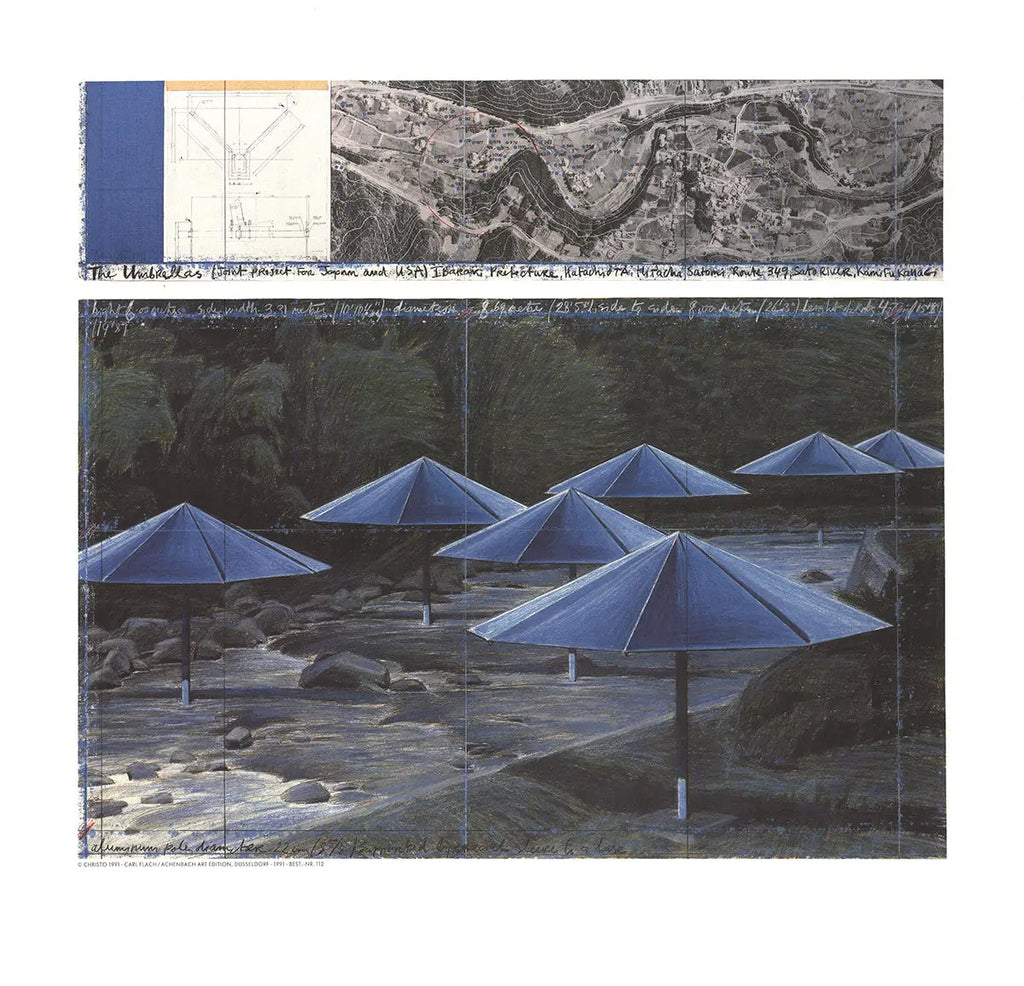 Javacheff Christo The Blue Umbrellas 1995 exhibition art poster featuring vibrant blue umbrellas by artist Javacheff Christo.