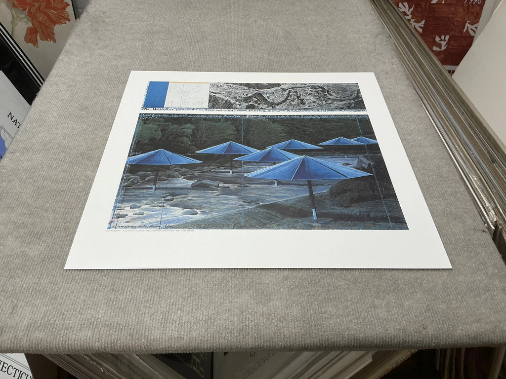 Javacheff Christo The Blue Umbrellas 1995 exhibition art poster showcasing vibrant blue umbrellas in an outdoor installation.