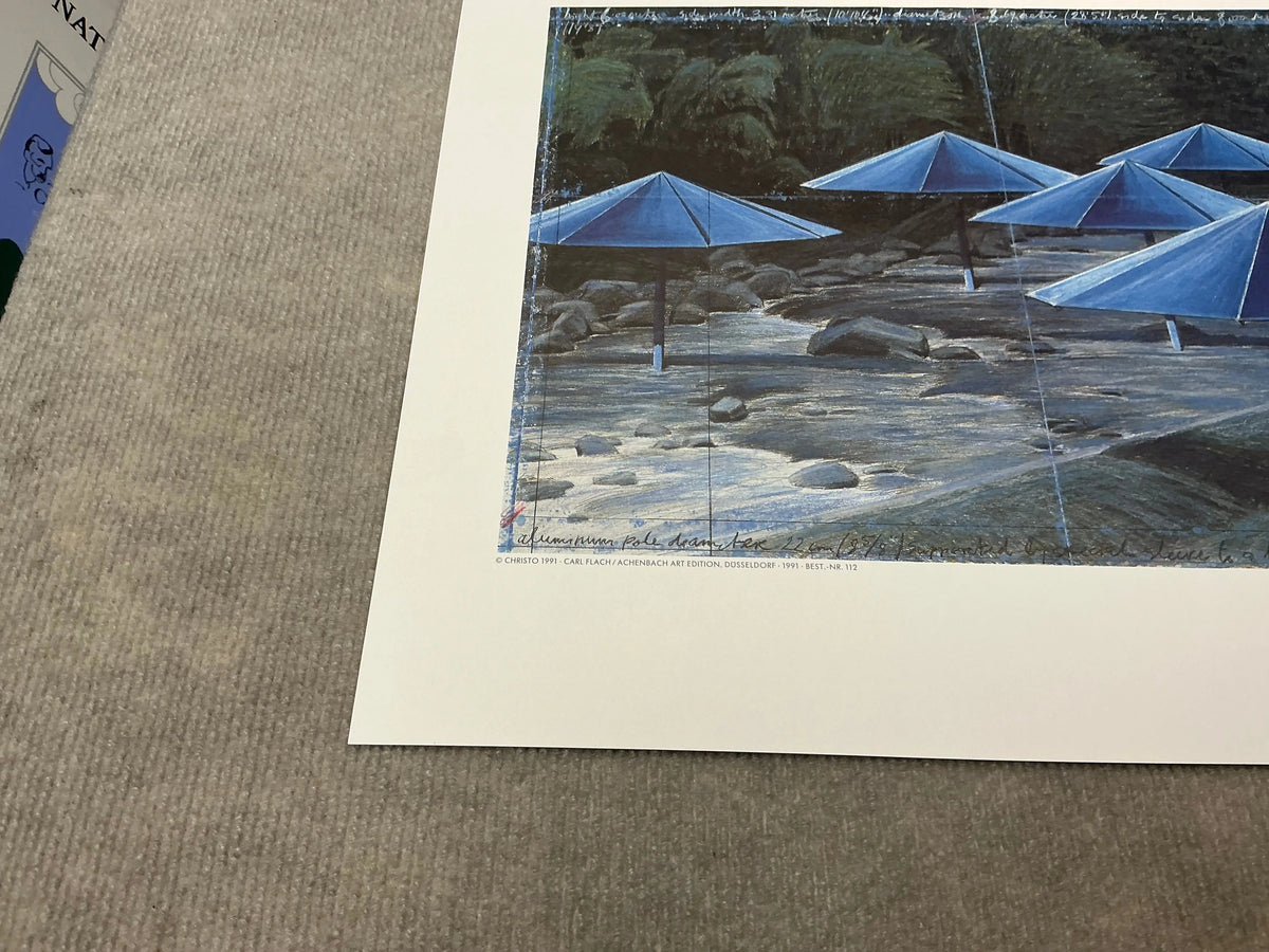 Javacheff Christo The Blue Umbrellas 1995 exhibition art poster featuring vibrant blue umbrellas by Javacheff Christo