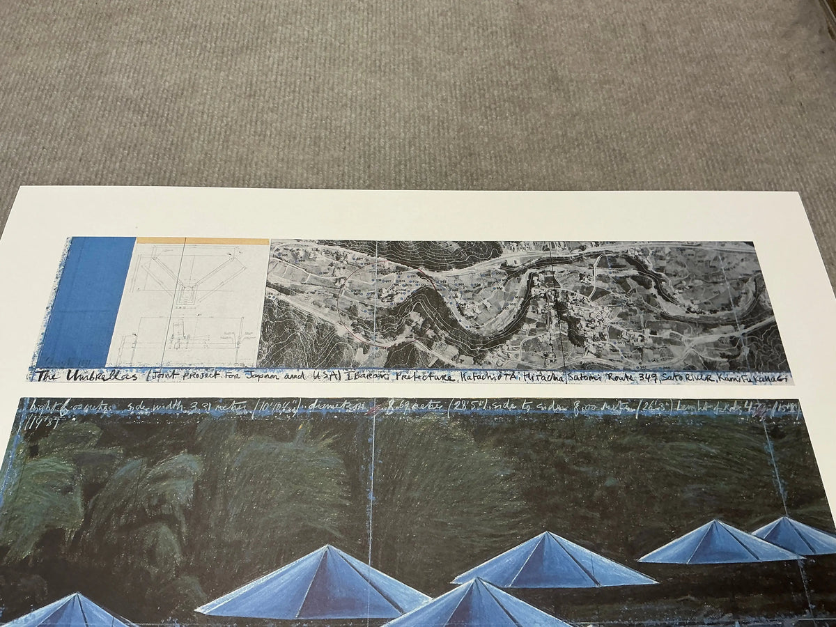 Javacheff Christo The Blue Umbrellas 1995 exhibition art poster featuring vibrant blue umbrellas by the artist.