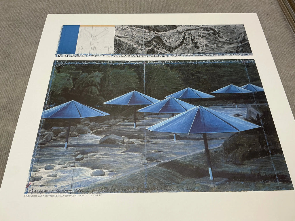 Javacheff Christo The Blue Umbrellas 1995 exhibition art poster showing vibrant blue umbrellas in an outdoor installation.