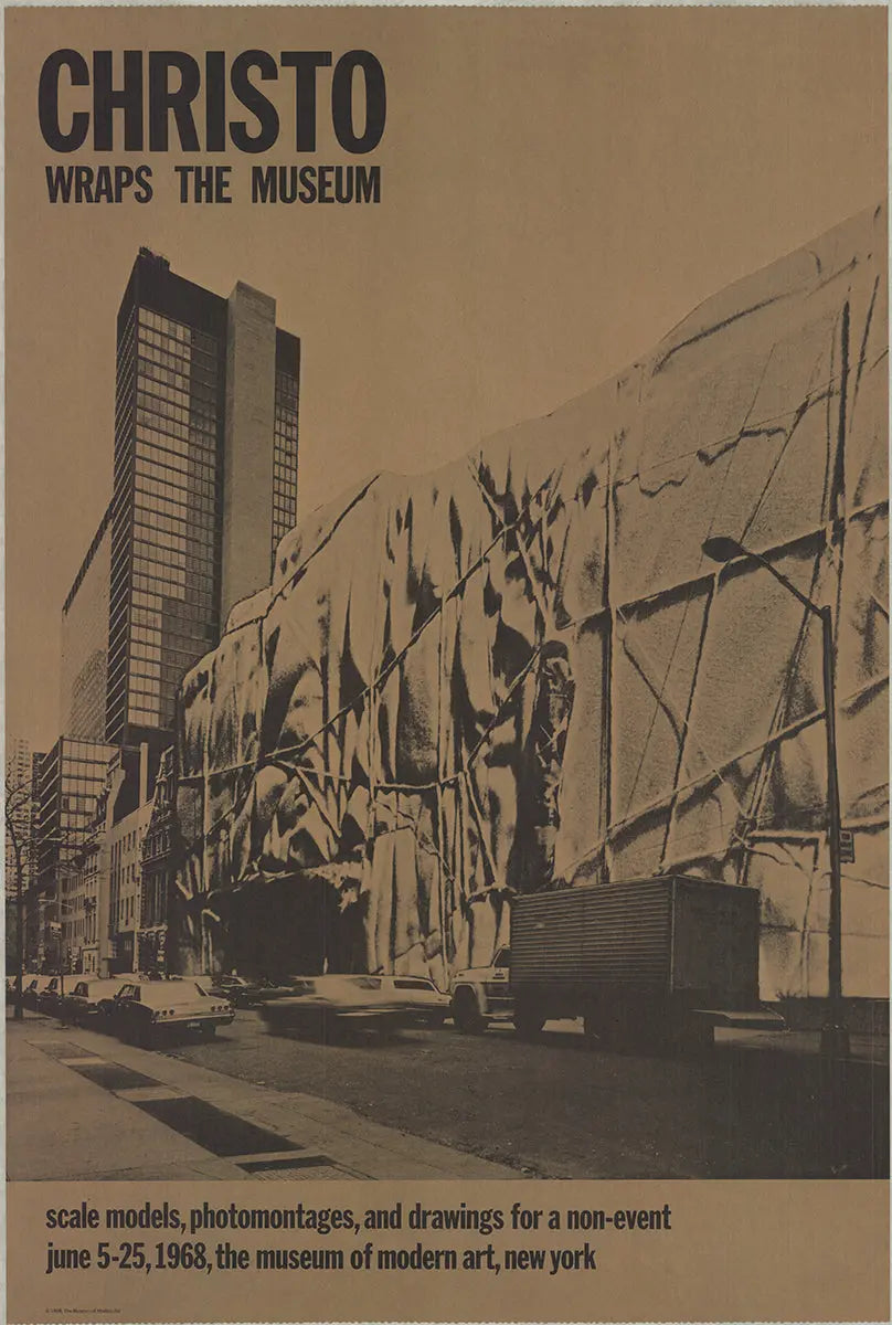 Original Christo Museum of Modern Art Wrapped 1968 offset lithograph poster by Javacheff Christo, featuring abstract modern art design.