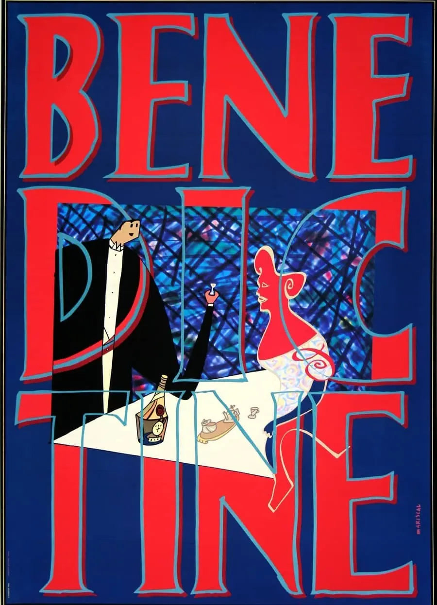 Original 1990 Benedictine Liqueur poster by Javier Mariscal, French serigraph artwork featuring vibrant colors and detailed design.