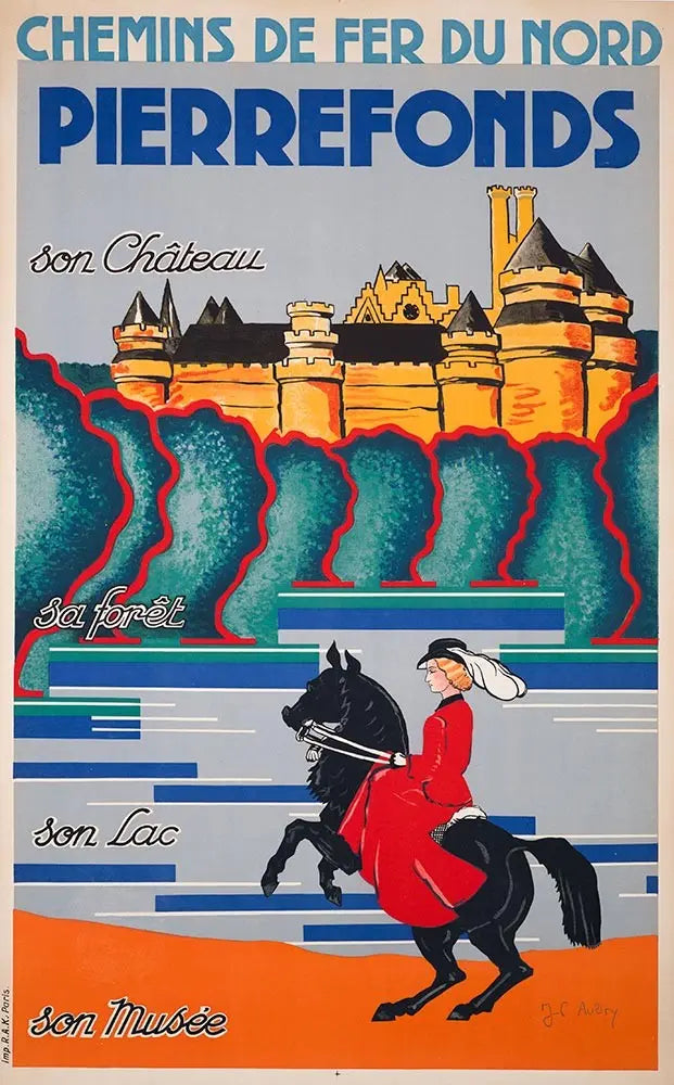 Vintage JC Aubry 1930 Pierrefonds Chemin de Fer du Nord travel poster featuring scenic train route views.