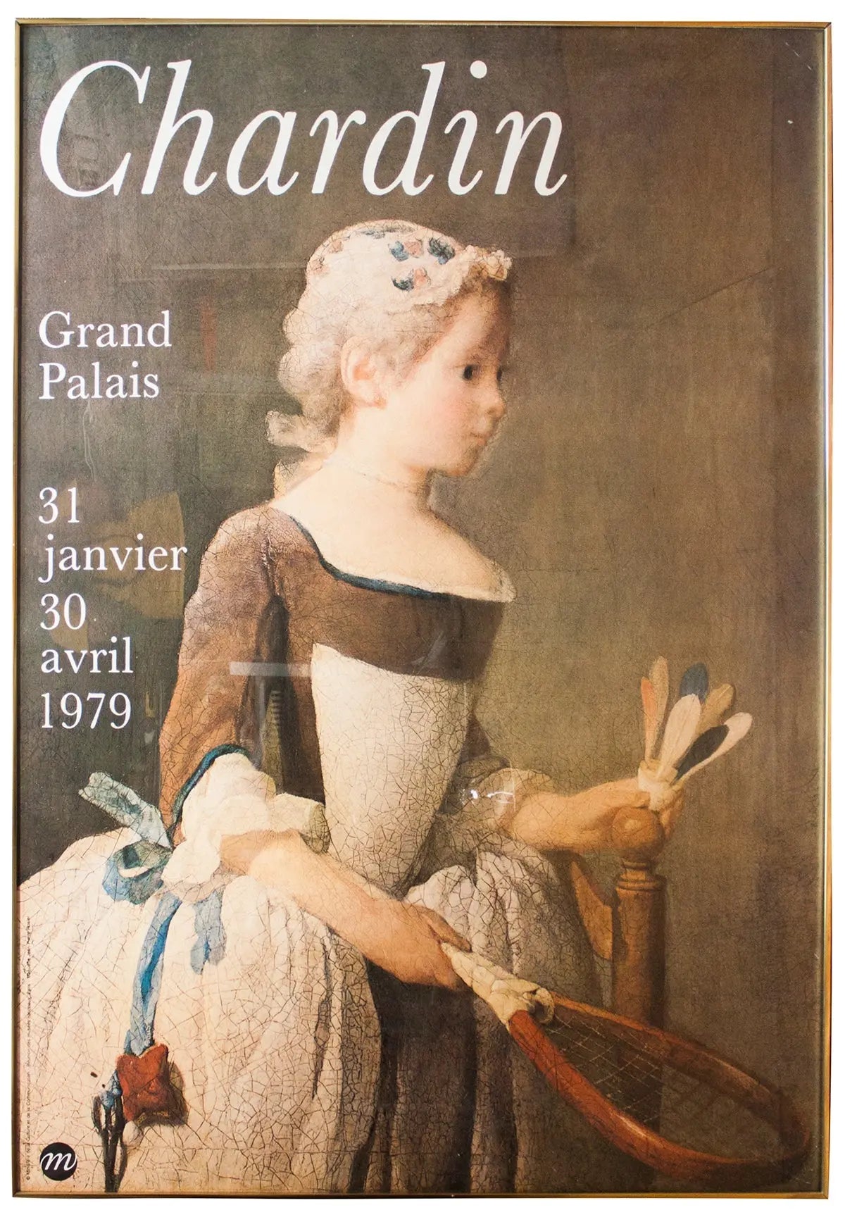 Framed poster of a girl with a racket and shuttlecock by Jean Baptiste Chardin, showcasing classical artwork and detailed framing.