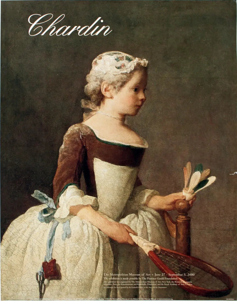 Jean Baptiste Chardin girl with shuttlecock fine art offset lithograph showing a young girl playing with a shuttlecock, detailed artistic print.