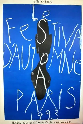Original 1993 Jean-Charles Blais serigraph poster for Festival d'Automne Paris featuring abstract artwork and vibrant colors.