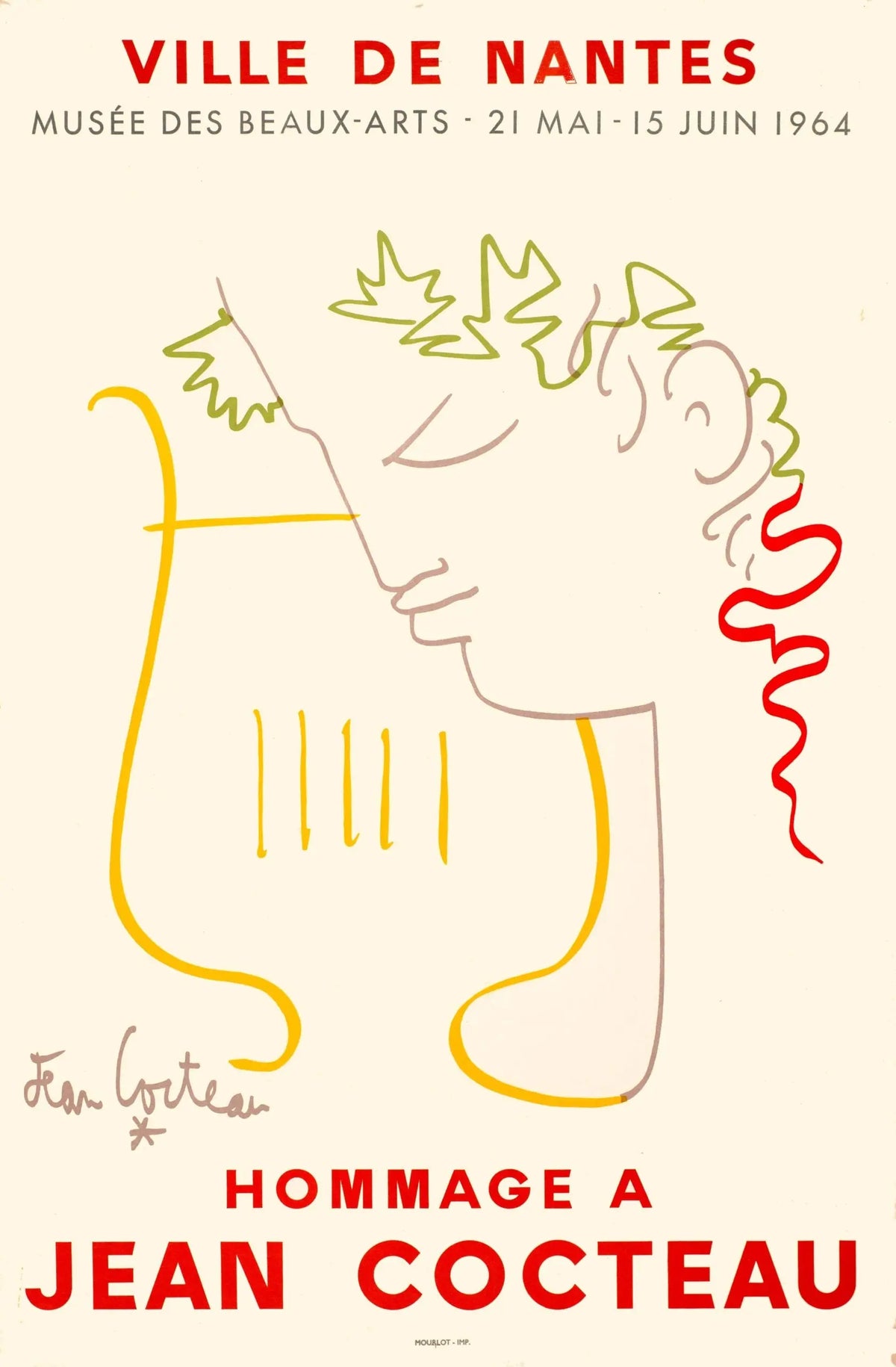 Original 1964 Jean Cocteau homage lithograph exhibition poster featuring artwork by Jean Cocteau.