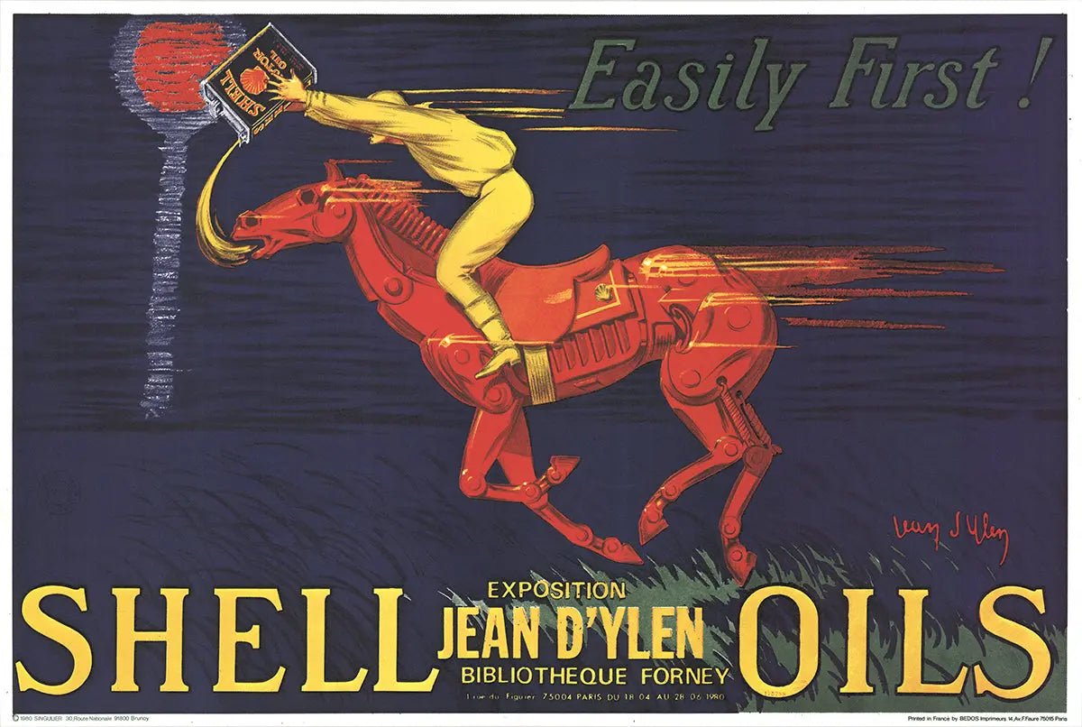 Vintage 1980 Jean D'Ylen Shell Oils lithograph poster featuring colorful artwork and bold design, classic collectible print.