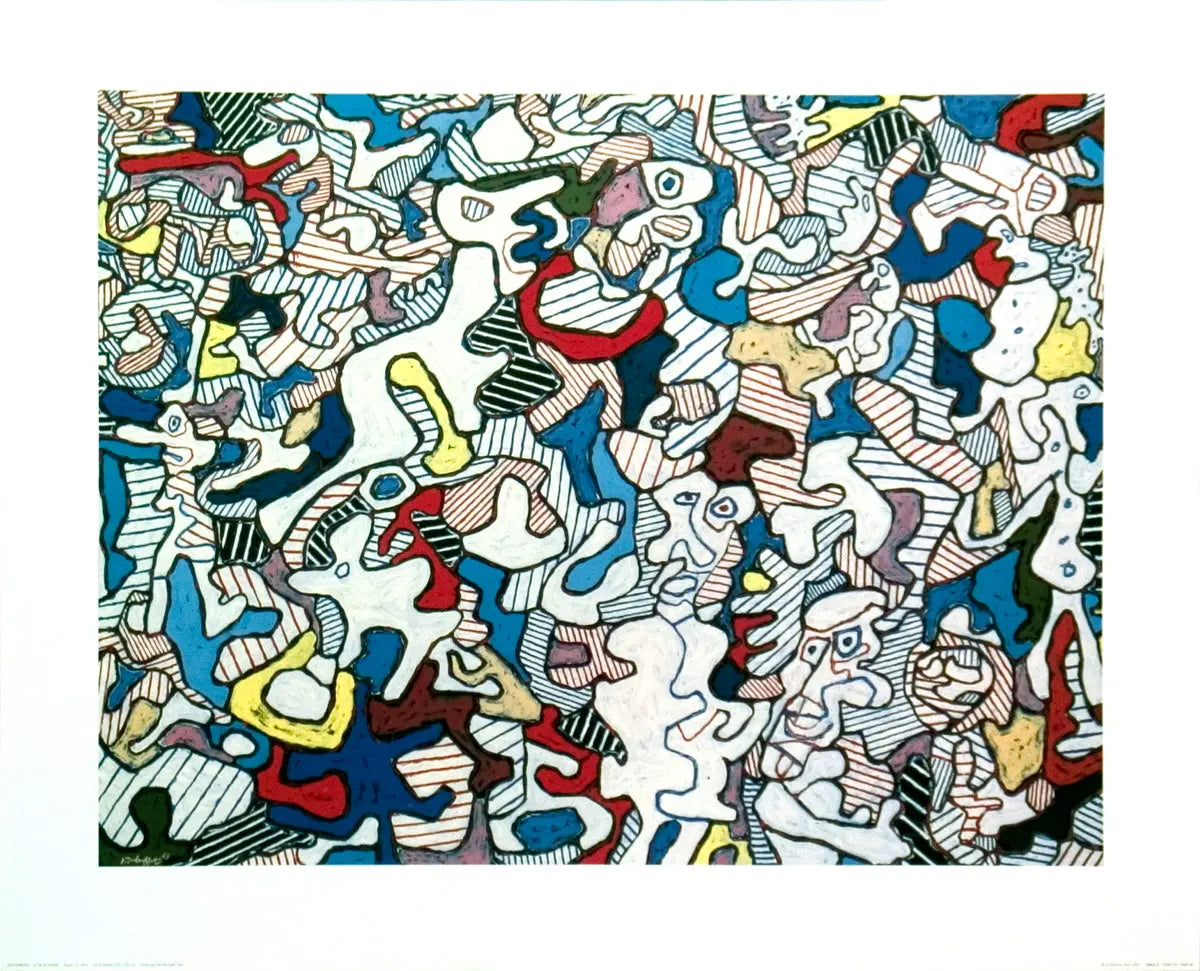 Offset lithograph art print of Jean Dubuffet’s La Vie de Famille showing colorful, abstract family figures on paper.