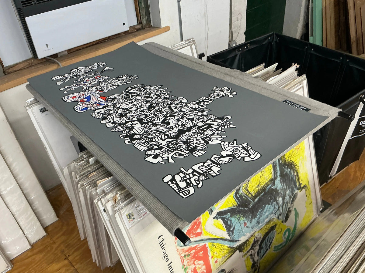 Large original abstract serigraph by Jean Dubuffet titled Le Libre Echange 1974, featuring bold, textured abstract artwork.