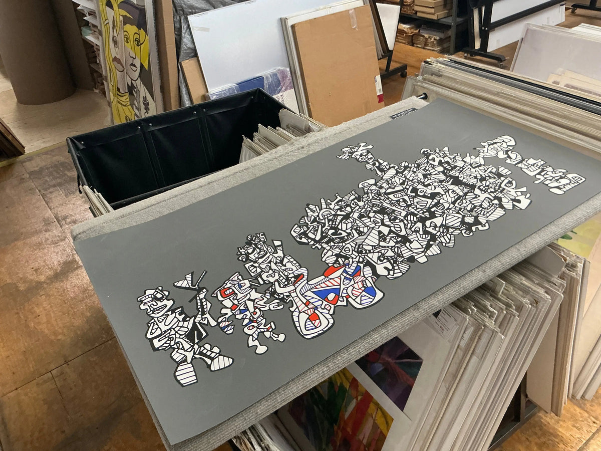 Large original abstract serigraph by Jean Dubuffet titled Le Libre Echange, created in 1974, showcasing bold textures and vibrant colors.