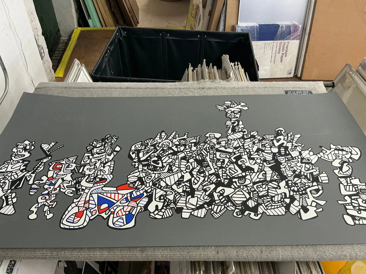 Large original abstract serigraph by Jean Dubuffet titled Le Libre Echange, created in 1974, showcasing bold, textured abstract art.