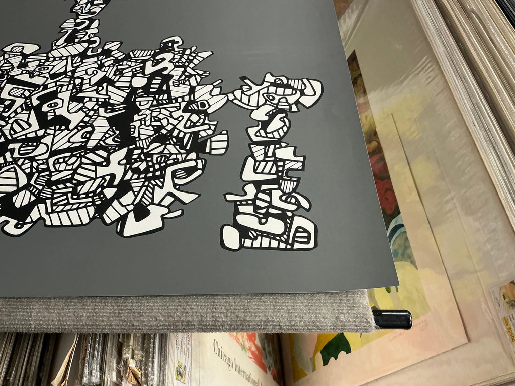 Large original abstract serigraph by Jean Dubuffet titled Le Libre Echange, 1974, featuring bold shapes and textured artwork.