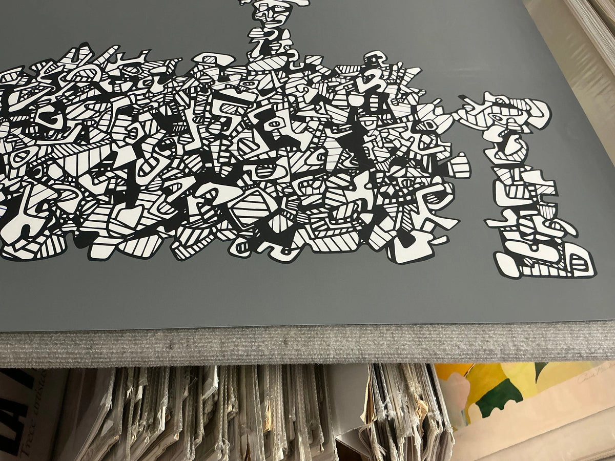 Large original abstract serigraph by Jean Dubuffet titled Le Libre Echange 1974, featuring bold shapes and textured details.