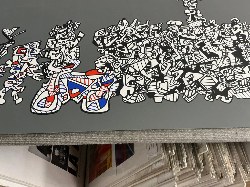 Large original abstract serigraph by Jean Dubuffet titled Le Libre Echange from 1974, showcasing bold textures and vibrant colors.