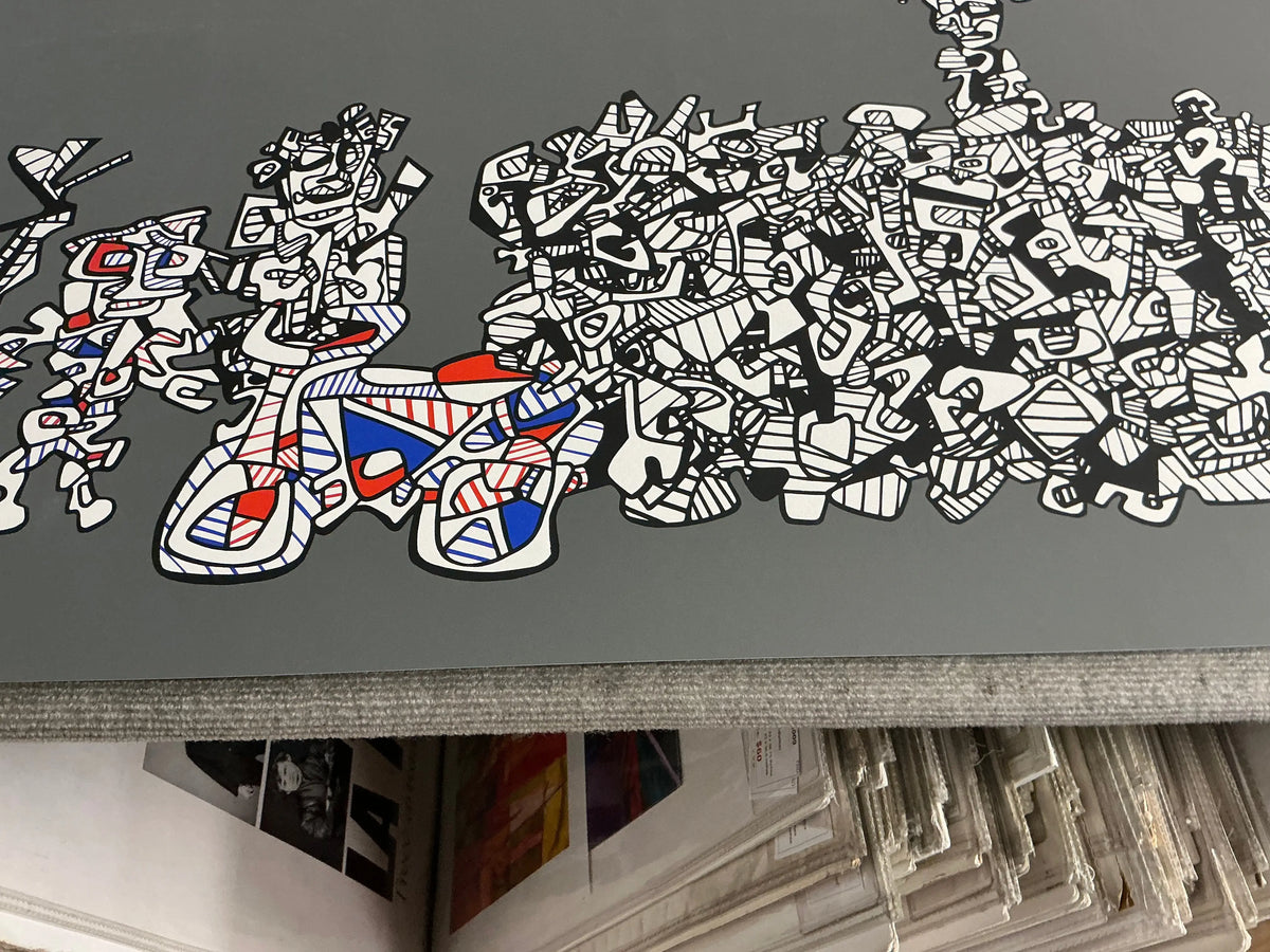 Large original abstract serigraph by Jean Dubuffet titled Le Libre Echange from 1974, showcasing bold textures and vibrant colors.