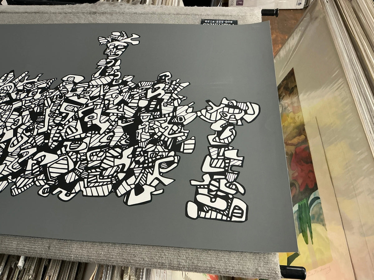 Large original abstract serigraph by Jean Dubuffet titled Le Libre Echange from 1974, showcasing bold textured artwork.